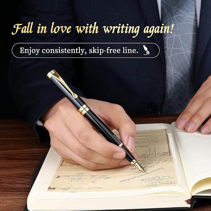 MCNTEIK Fountain Pen-Luxury Black and Gold Finish, 18K Gilded Nib(Medium), Smooth Ink Flow, Complete Set with 4 Black Ink Cartridges, Converter & Gift Box-Perfect Weight, Ideal for Office, Journaling