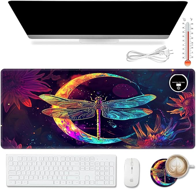 Warm Desk Pad,Heated Desk Pad,Office Mat,3 Heating Levels & 3 Hours Auto Shut-Off,31.5"*13" Gaming Mouse Laptop Keyboard Leather Desk Mat,Glitter Dragonfly Moon