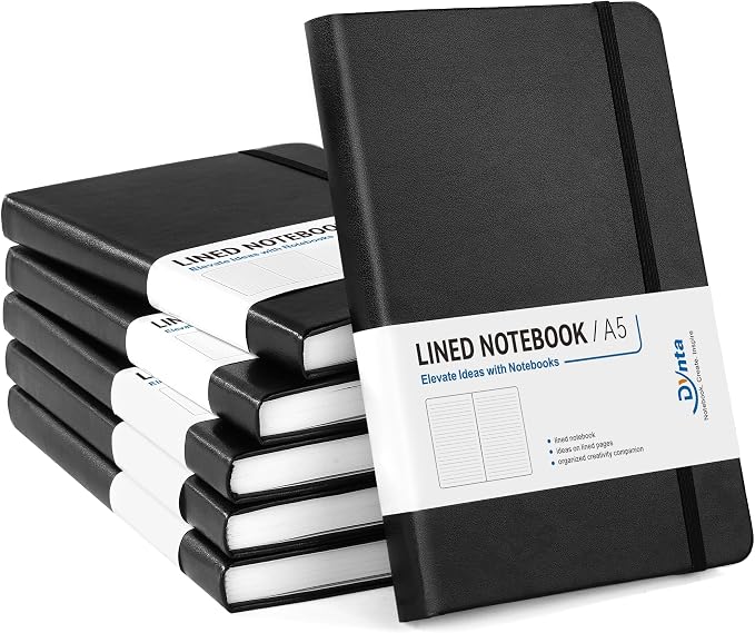 A5 Lined Journal 6 Pack - Black PU Leather Hardcover Notebook, 100gsm Thick Paper, 200 Pages (100 Sheets), Office Work Business Notebook with Table of Contents & Back Pocket for Meetings & Teams