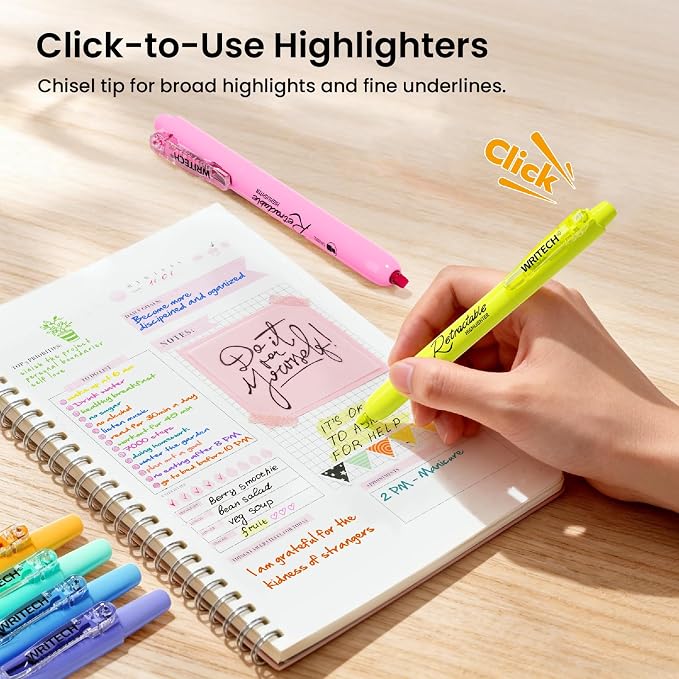 WRITECH Gel Pens Journaling Highlighters: Journal Set Aesthetic Assorted Pastel Color Ink 0.5mm Fine Point Retractable 2 in 1 Pen Smooth Writing Drawing 10ct