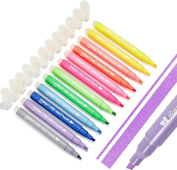 Gold Glitter Highlighters, 12 Colors, No Bleed Chisel Tip Marker | Quick Dry for Bible, Journals, Planners, Scrapbooks & DIY Crafts