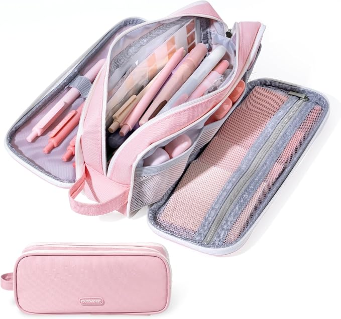 Four Candies Large 3-Compartment Pencil Case Organizer Pouch | Large Pen Bag for Stationery & Office Multi-Purpose Organizer Makeup Bag Travel Bag with Handle (Pink)
