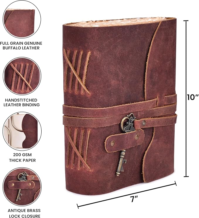 LEATHER VILLAGE Vintage Leather Journal – 200 Handmade Vintage Deckle Edge Paper – Leather bound Journal For Women Men – Vintage Key Closure - Book of Shadows - Red Brown - 10X7 inches