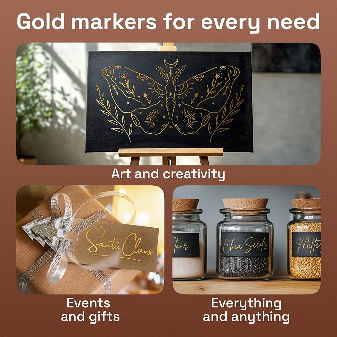ARTISTRO Gold Paint Pens - Extra-Fine Tips - Set of 5 | Acrylic Paint Markers, Water-Based, For Rock, Glass, Ceramic, Wood, Tire, Fabric, Metal, Canvas, Marking, Painting