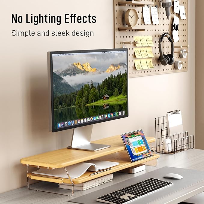 Bamboo Dual Monitor Stand for Desk,31.5 In 2 Tier Computer Riser Organizer | Desk Organizer Adjustable Arylic Feet Computer Monitor Stand, Desk Shelf for Office