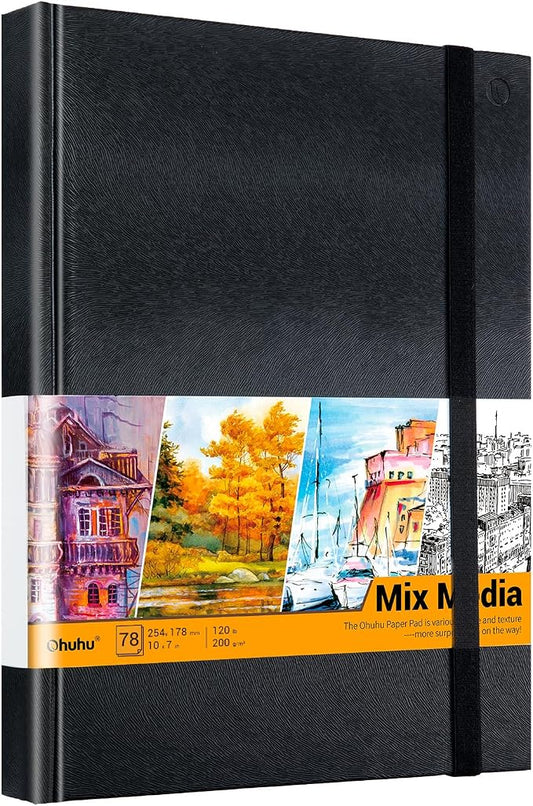 Ohuhu Mix Media Pad, 10" x 7" Mixed Media Art Sketchbook, 120 LB/200 GSM Heavyweight Papers, 78 Sheets/156 Pages, PU Hardcover Mixed Media Paper Pad for Acrylic, Painting Christmas Gift