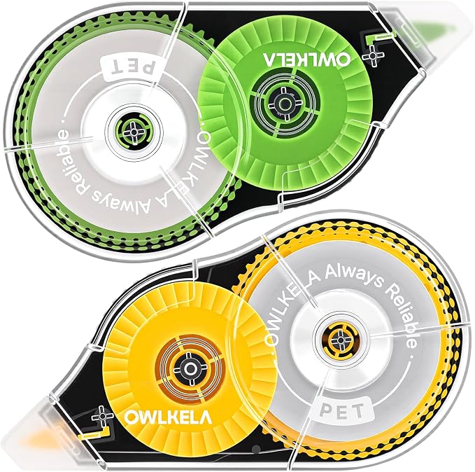 OWLKELA 2 Pack Plus Correction Tape, Tear-Resistant White Correction Tape, No Dry Time, Easy to Use, Office & School Supplies, 0.2 in Wide, 98.4 Ft, Yellow Core, Green Core
