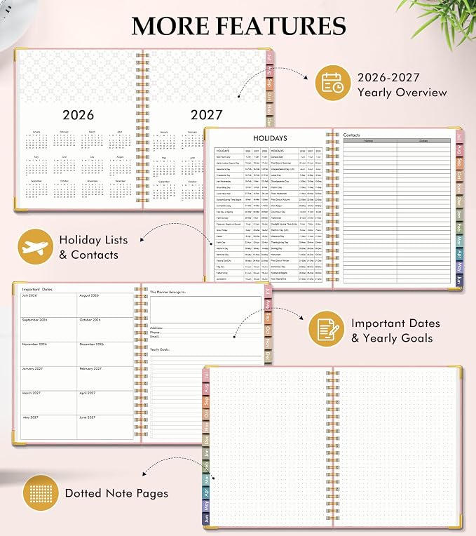 Academic Planner 2026-2027, Hardcover Leather Weekly and Monthly Calendar Planner from July 2026 - June 2027, A4 8.5" x 11" Daily Agenda with Tabs, College School Organizer for Student Teacher, Pink
