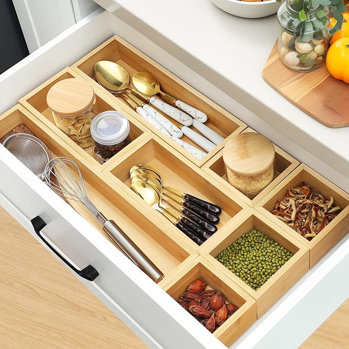 MapleGrace Bamboo Drawer Organizer Set, 9 PCS Wood Storage Organizers | Multi-Use Junk Drawer Divider, Storage Trays Containers for Kitchen, Bathroom, Office Desk, Makeup, Jewelry, Utensils