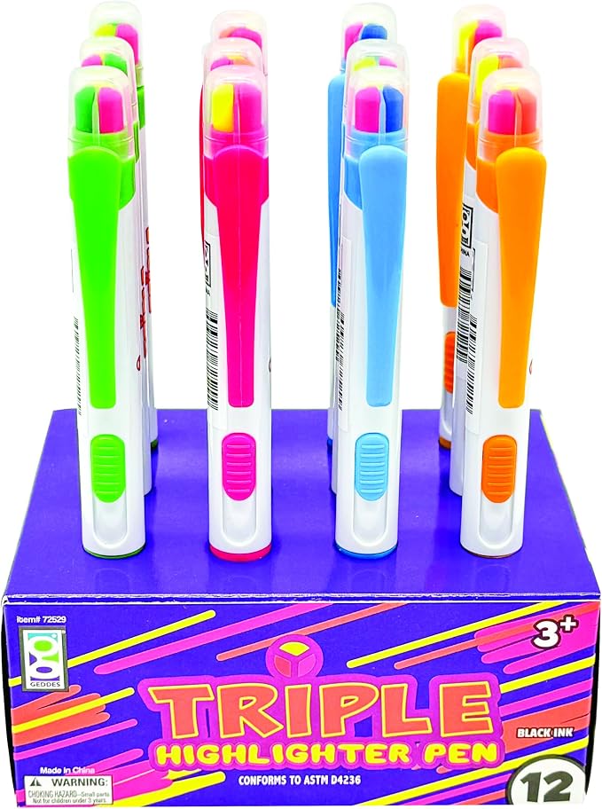 Raymond Geddes Triple Highlighter Pen - Pack of 12 - Versatile and Colorful Study Tools for Kids