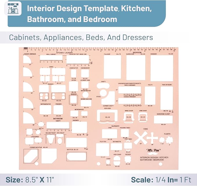 Mr. Pen- House Plan, 3 pcs, Interior Design and Furniture Templates | Clear Flexible Plastic, Drafting Tools, Ruler Shapes for Architecture, 1/4 Inch Scale, Kitchen, Bath, Bedroom, Office