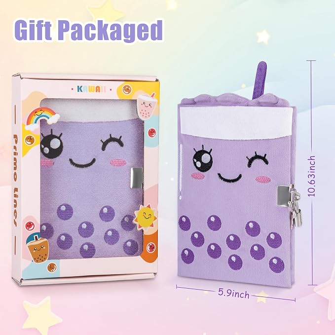 All In One Gift Kit for Girls – Back to School Supplies, Lock and Key Plush Journal Stationery Set with 53 Stickers, 1 Bracelet, 1 Coin Purse, 4 Straws and 3 Sticky Notes, Journaling Kit for Kids, Tweens & Teens (Purple Boba)