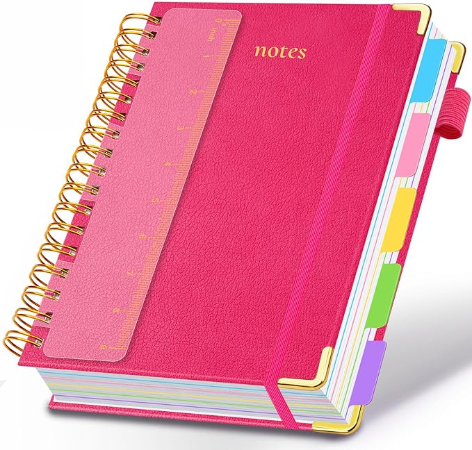 Hardcover Spiral Notebook 8"x10" Journal Notebook with Tabs and Removable Dividers 300 Pages 5 Subject Notebook College Ruled, Faux Leather Spiral Bound Notebook for Women School Work (Rose Red)