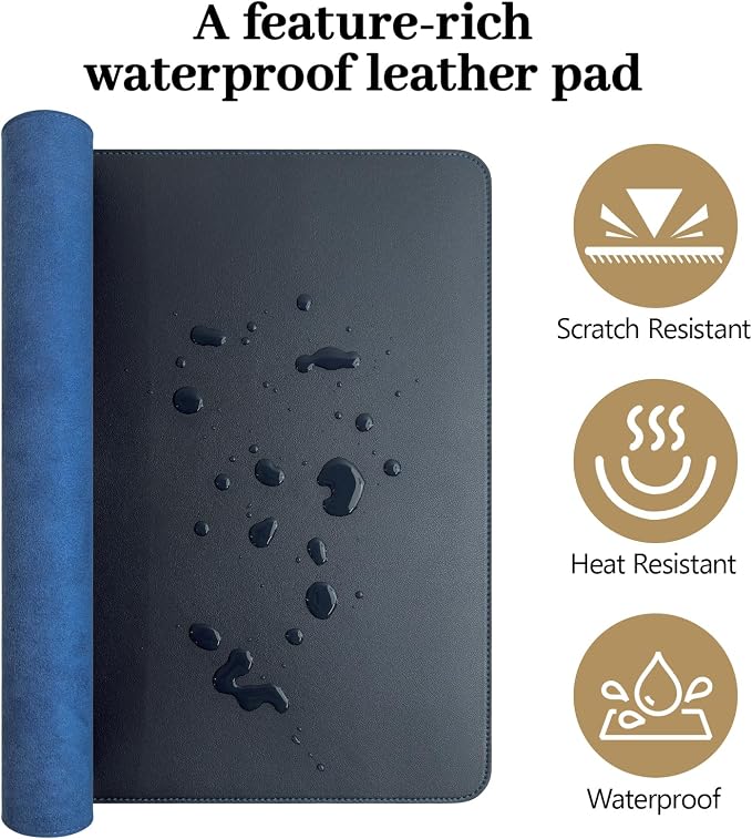 Dark Blue Leather Desk Mat Large Mouse Pad, Waterproof Desk Pad for Keyboard and Mouse, Non-Slip Computer Desk Protector, Smooth Mouse Movement Desk Mat for Home and Office(31.5"×15.7")