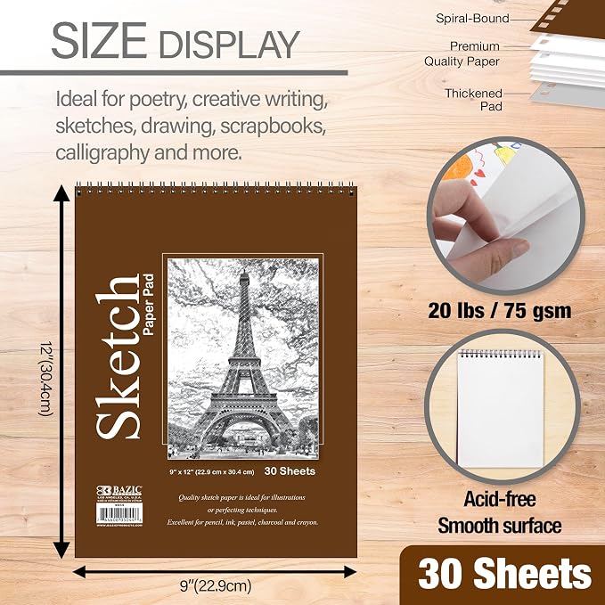 BAZIC Products Spiral Sketch Pad, Top Bound, 9 x 12 in, 30 Sheets, 48-Case | 30-sheet spiral sketch pad, smooth drawing paper for sketching, shading