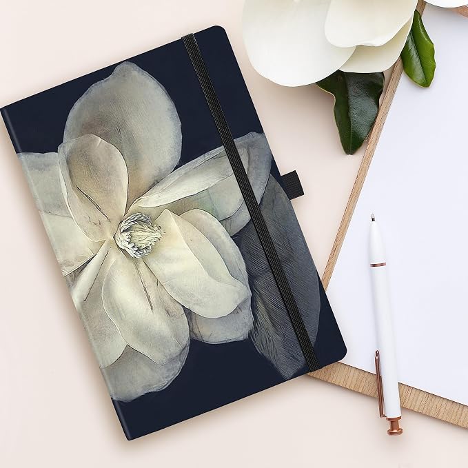 RICCO BELLO Lined Journal Notebook, Magnolia Flower, 5.7 x 8.4-Inches | Hardcover, College Ruled, 96 Sheets / 192 Pages, Pen Holder, For Work & Notes
