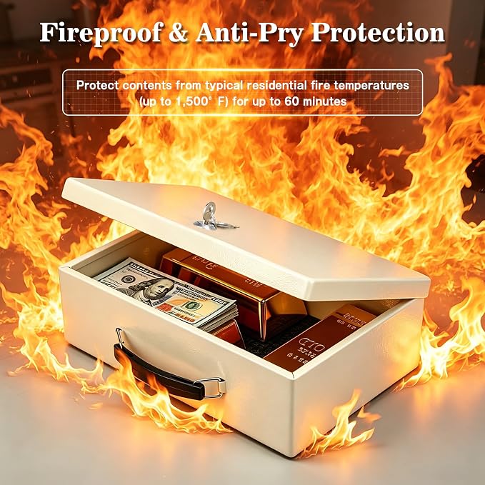 xydled Fire Resistant Safe Fire Safe Box with Key Lock for Home Office Security Storage for Valuables Documents,12.8 x 8.5 x 4.5 Inch,White,Beige
