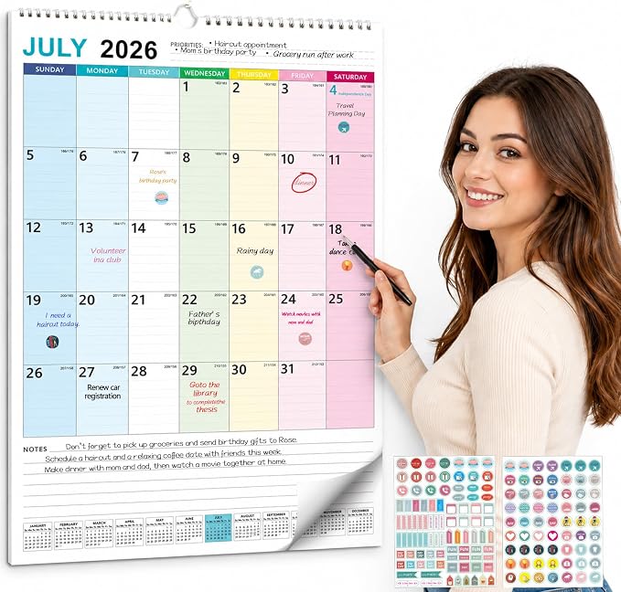 Large Wall Calendar 2026-2027, 18 Month Vertical Wall Calendar Jul 2026 – Dec 2027, 15" x 22" with Thick Paper & Large Blocks for Home Office Colorful