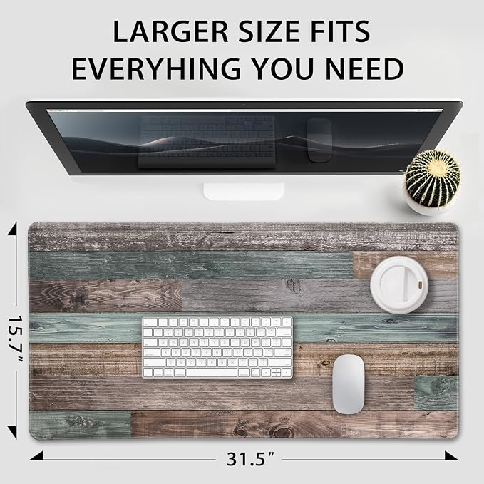 Rustic Wood Pattern Large Gaming Mouse Pad 31.5"x15.7"｜XXL Desk Mat, Non-Slip Rubber Base & Stitched Edges - Extended Waterproof Mousepad for PC/Laptop/Office/Home Decor