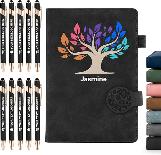 ENOMY Personalized Notebook & 10 PC Pens Set Custom Notebook 200 Pages A5 Lined Journal for Men Women Leather Notebooks for Work Office College Graduation New Year Gifts, Black