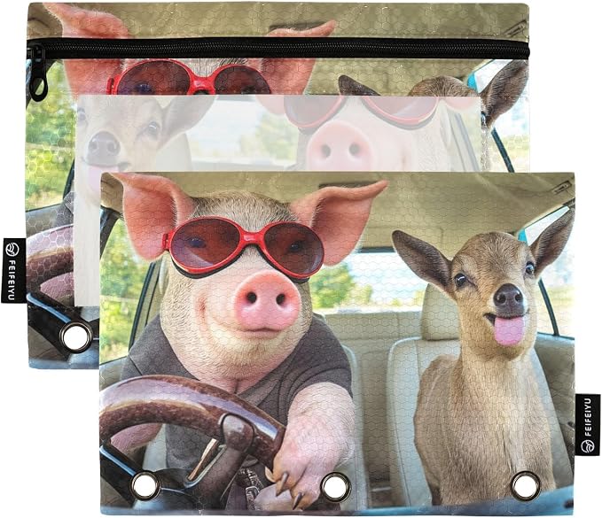 Gredecor Binder Pencil Pouch 3 Ring Pig Goat Driving Car Zipper Pencil Pouches Case 2 Pack Clear Binder Organizer for School Office