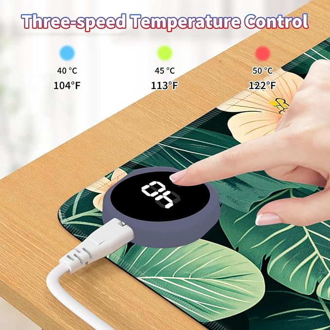 Heated Desk Pad Large Mouse Pad 31.5 x 13 inch with 3 Levels Heating & Auto Shut-Off Warm Mouse pad PU Leather Computer Mousepad for Home Office Work - Green Leaf Flowers