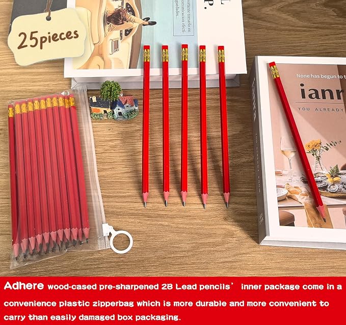 Adhere 25pcs Woodcase Pencils with Eraser Premium Pre-Sharpened Hexagon Graphite 2B pencils ideal for home, office writing including a Free Sharpener