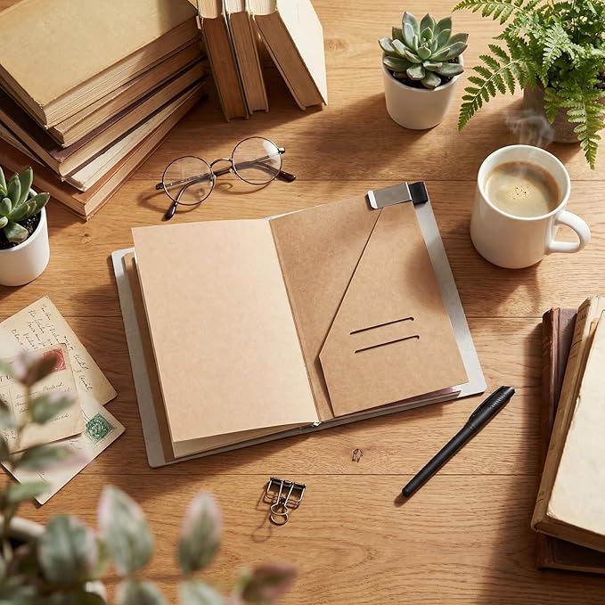 Thenshop Travelers Refillable Leather Journal Notebook Travel Diary Handmade Passport Travelers Journal for Men and Women with 3 Notebook Inserts, Pen Holder, Binder Clip (White,A5 Size)