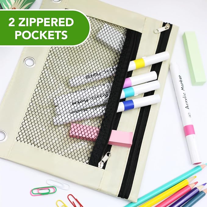 Pencil Pouch for 3 Ring Binder, Heavy Duty Canvas Dual Zipper Pen Bag with Clear Window, Smooth Metal Zipper, Fit Standard 3-Ring Binders for School Office Travel Supplies (Beige)