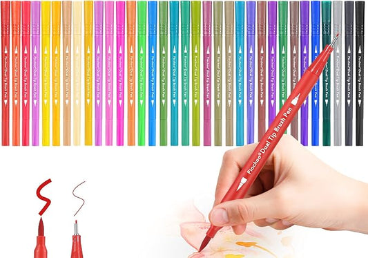 Piochoo Dual Brush Marker Pens,34 Colored Markers,Fine Point and Brush Tip for Adult Coloring Books Bullet Journals Planners,Note Taking Coloring Writing
