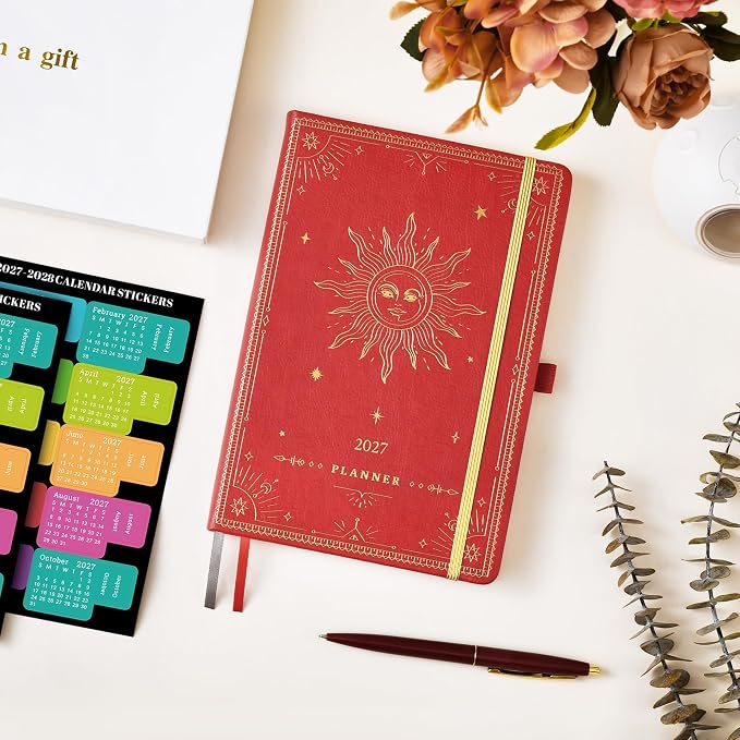 2027 Planner - 2027 Weekly Monthly Planner, January 2027 - December 2027, 5.75" x 8.25", Faux Leather Planner 2027 with Back Pocket & 40 Notes Pages - Red
