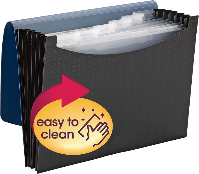 Smead Poly Frequency Expanding File Folders, Flap and Cord Closure, Letter Size, Wave Pattern, 7 Pocket, Blue/Black (70872)