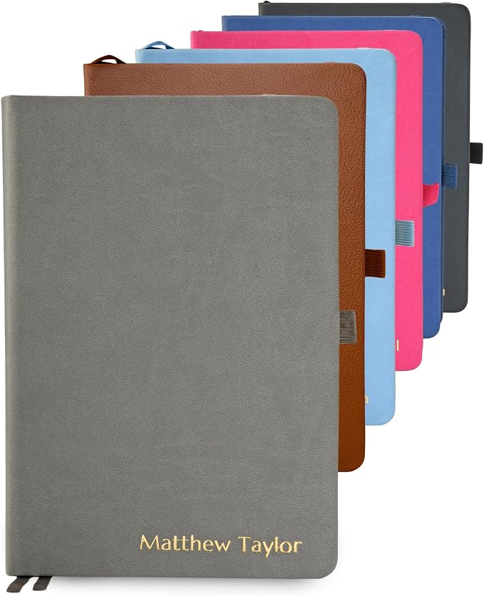 Promot PU Leather Ruled Journal Notebook- Custom Gold Metallic Text (Gray) | Premium Leather-Look Cover, Smooth Lined Writing Pages, Durable Everyday Construction, Lay-Flat Writing Experience