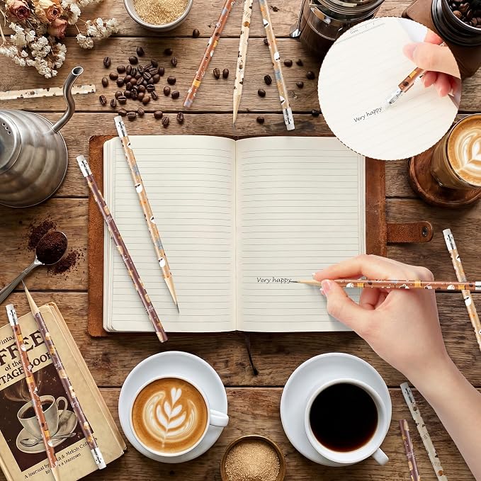 Xqumoi 60Pcs Coffee Themed Pencils with Eraser - Latte Cappuccino #2 HB Pencils, Coffee Lover Stationery Office Supplies Teacher Appreciation Gift Goodie Bag Fillers Stuffers Party Favors