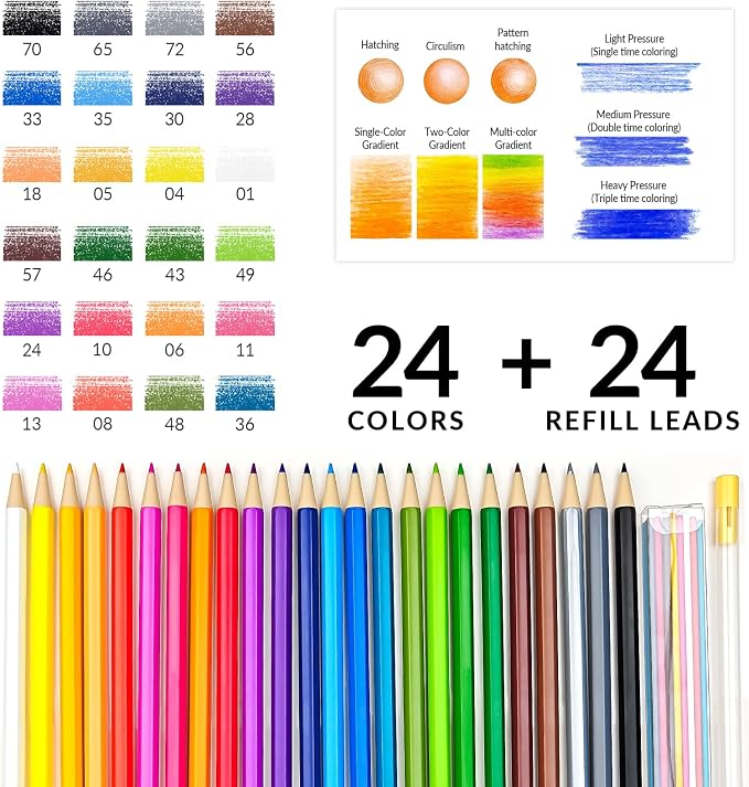 FUNLAVIE 24 Mechanical Colored Pencils with 24 Lead Refills, 48 Pcs Total, 2.6mm Oil-Based Soft Core Drawing Pencils for Adult Coloring Books, Vivid Brilliant Color for Art & Sketching, with Sharpener