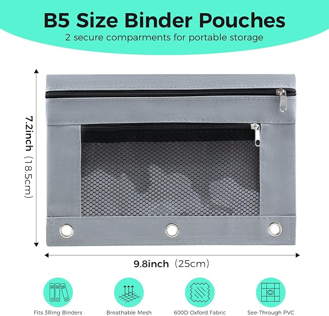 Pencil Pouch for 3 Ring Binder, Pencil Case with Zipper, 600D Fabric Pencil Pouch Bag Holder Accessories, Clear Window Pencil Case Aesthetic Back to School Organizer Pockets for Boy Girl (Grey)