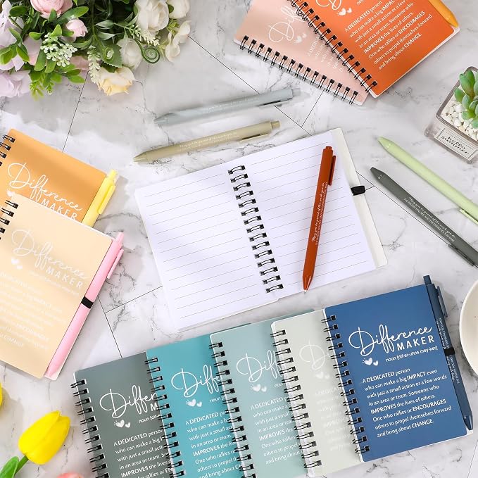 Resurhang 10 Sets Difference Maker Employee Appreciation Gift Bulk Inspirational A6 Spiral Notebook Journal Ballpoint Pens for Teacher Volunteer Coworker Team Back to School (Morandi Colors)