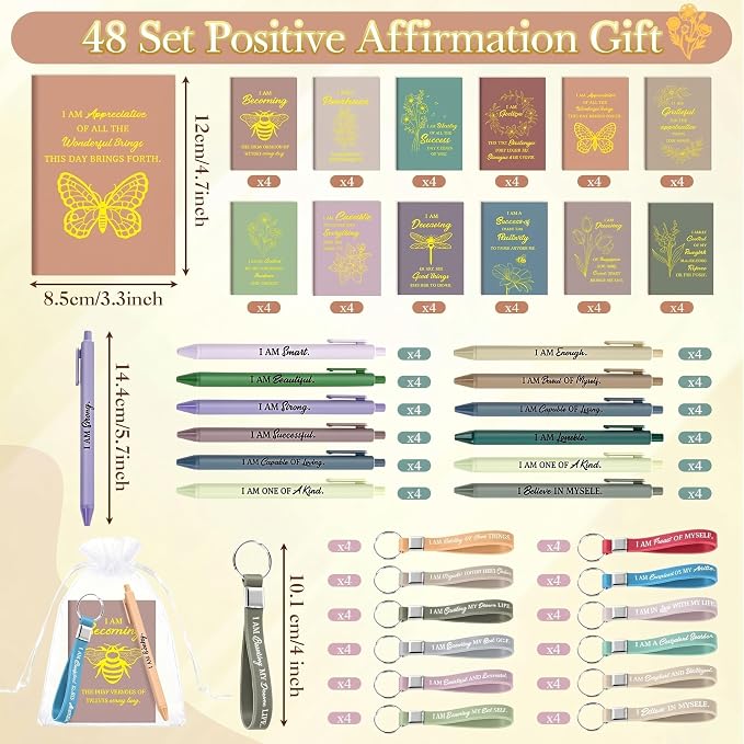 Mooliwe 48 Set Positive Affirmation Gift Set Gratitude Notebooks with Pens Keychains Small Bags Motivational Party Favors for Adult Women Coworkers Employee Group (Morandi)