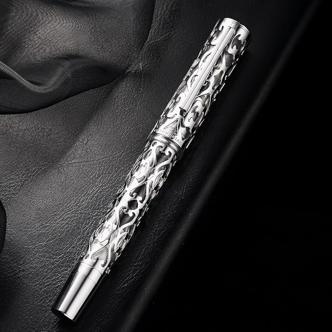 HONG DIAN D1 Piston Fountain Pen Fine Nib, Hollow Skeleton & Resin with Metal Case Set (Silver)