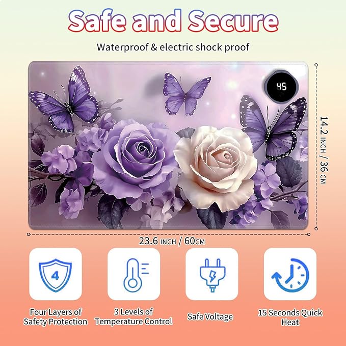 Heated Desk Pad Large Mouse Pad 23.6 x 14.1 inch with 3 Levels Heating & Auto Shut-Off Warm Mouse pad PU Leather Computer Mousepad for Home Office Work - Purple Roses and Butterflies