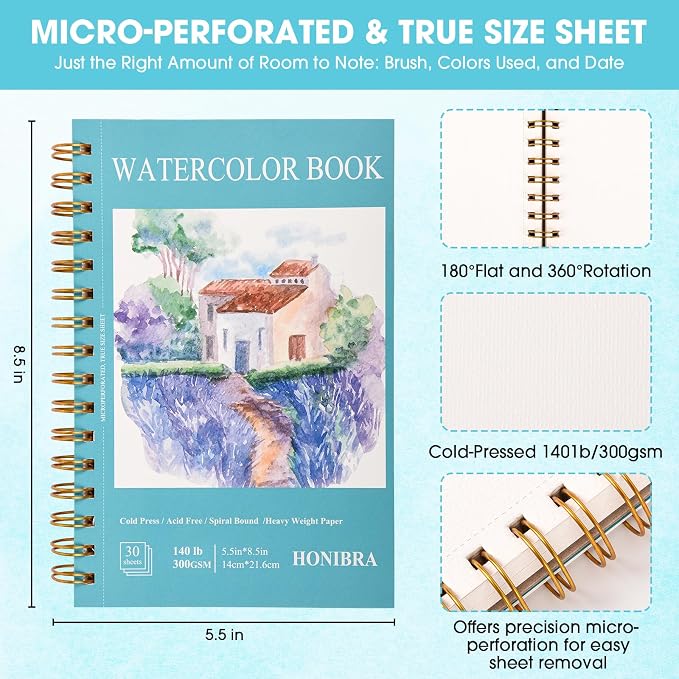 2 Pack 5.5" x 8.5" Watercolor Paper Pad, 30 Sheets (140lb/300gsm), Premium Cold Press Watercolor Sketchbook for Artists – Ideal for Classroom Art Finger Painting, and Mixed Media