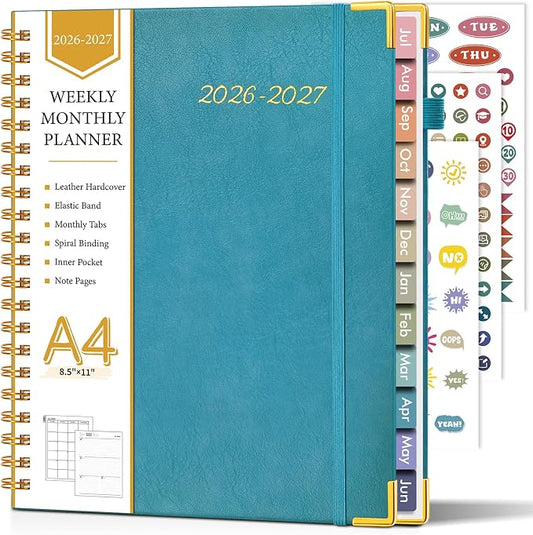 Academic Planner 2026-2027, Hardcover Leather Weekly and Monthly Calendar Planner from July 2026 - June 2027, A4 8.5" x 11" Daily Agenda with Tabs, College School Organizer for Student Teacher, Pacific Green