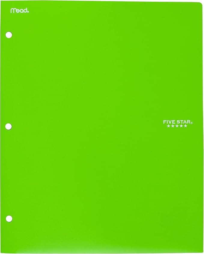 Five Star 2-Pocket Folder,Plastic Folder with Stay-Put Tabs,Fits 3-Ring Binder,Holds 8-1/2" x 11" Paper,Tidewater Blue,White,Amethyst Purple,Harvest Yellow (38065),4 Count (Pack of 6)