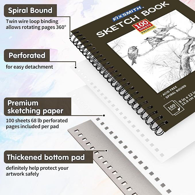 FIXSMITH 9"X12" Brown Sketch Book, 100 Sheets (68 lb/100gsm) Spiral Sketchbook, Acid Free Drawing Paper, Sketch Pad for Beginners,Artists & Professionals, Bright White