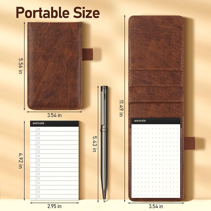 WEMATE 10 Pieces Notepad Holder Set Pocket Notebook - Included Mini Pocket Notepad Holder Set with 8 Memo Book Refills and Metal Pen for Meetings, Daily Records, and Notes 3 x 5 Inch (Brown) | Includes Mini Notepad Holder, 8 Memo Book Refills & Metal P...