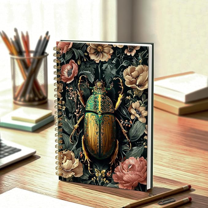 Vintage Floral Beetle Journal Notebook 5.5x8.3, William Morris Inspired Moody Beetle Insect Journal for Women, Dark Cottagecore Botanical Notebooks for Work