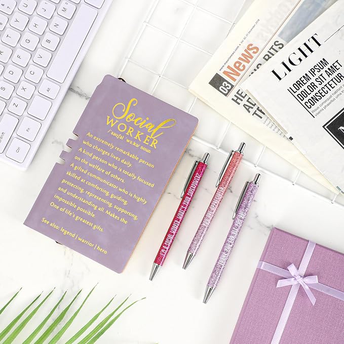 Resurhang 5 Pcs School Social Worker Must Haves Office Supplies Gift Leather Journal Notebook 3 Ballpoint Pens with Box Thank You Social Work Appreciation Gift for BSW MSW DSW(Purple)