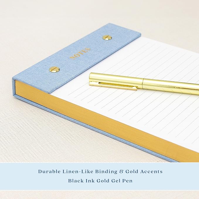 ELYN Lined Notepad, Aesthetic Linen Memo Pad With Matching Gold Gel Pen, 125 Sheets, 8.1 x 5.3 in - 100 GSM Premium Thick Paper, Perforated Pages & Hard Linen Backing, For Work, School or Home (Linen)