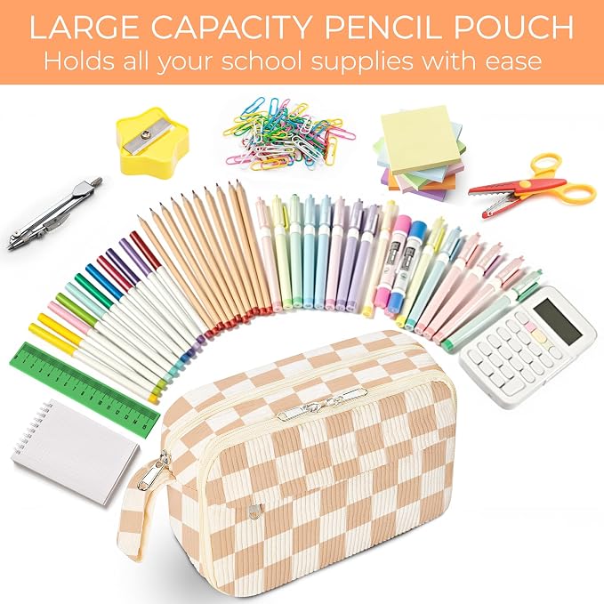 WOBAGMEN Cute Pencil Case,Large Corduroy Zippered Pencil Case Pouch, aesthetic Pencil Bag with Compartments, Pencil Pouch School Supplies (HY-corduroy pc-checked)