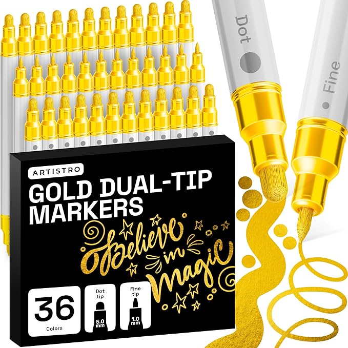 ARTISTRO 36 Gold Dual-Tip Acrylic Paint Markers – Paint Pens Set with Dot & Fine Tips for Fabric, Rock, Glass, Wood, Coloring Books – Arts & Crafts Gift – Classroom Must Haves & School Supplies